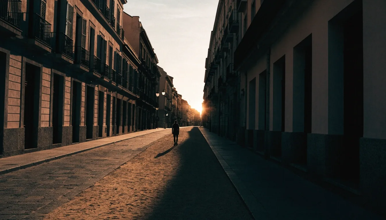 Sendero mixto al atardecer con la silueta de un caminante alejándose hacia el sol bajo