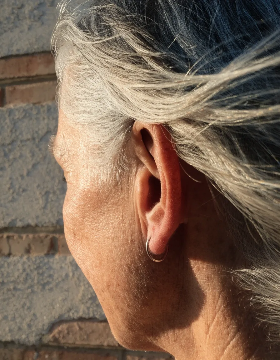 Perfil de una oreja con un gancho de oreja abierta bajo el viento, a distancia conversacional