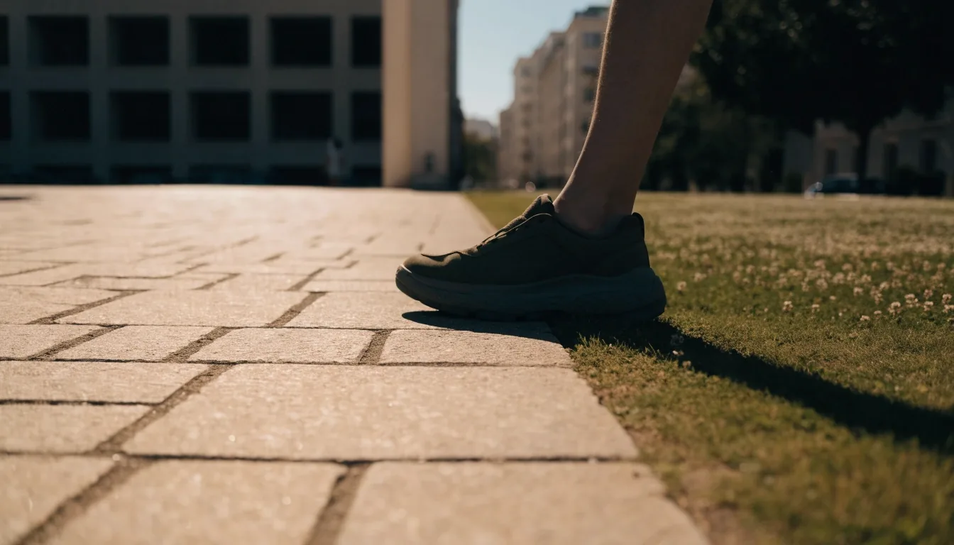 Paso de un caminante con calzado de senderismo sobre un sendero mixto al atardecer